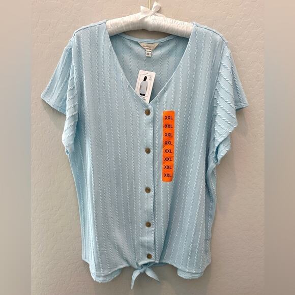 🆕 WEATHERPROOF VINTAGE | Plus Size Light Blue Button Down Front Tie Top | XXL - Picture 1 of 7